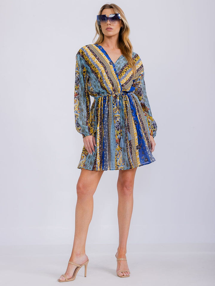 WOMEN'S LONG SLEEVE SURPLICE ELASTIC WAIST MULTI PRINT MINI DRESS