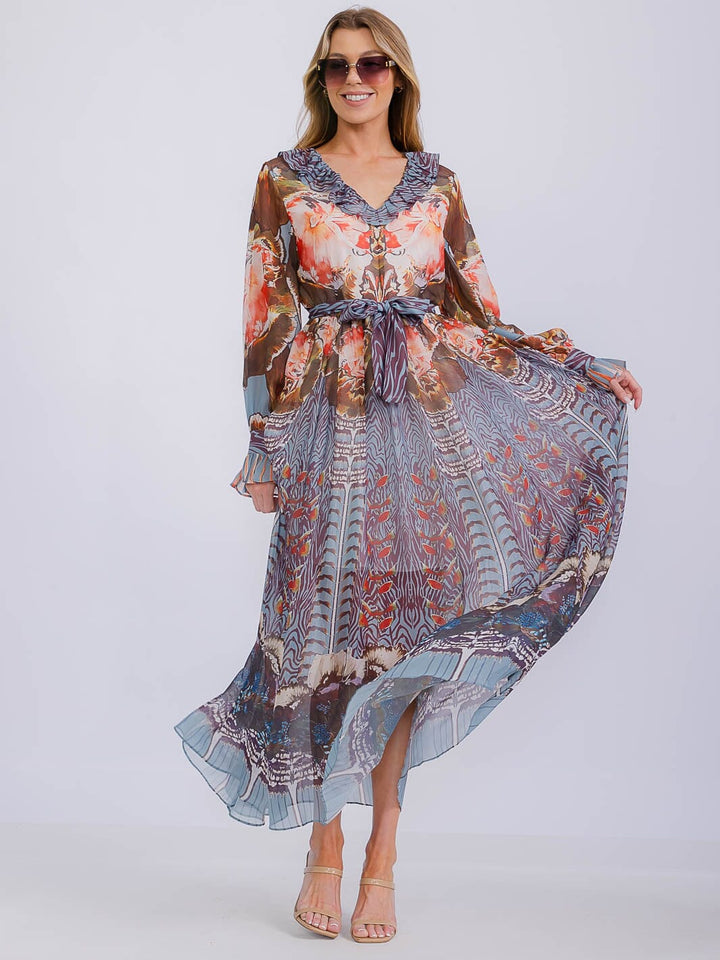 WOMEN'S LONG SLEEVE V-NECK RUFFLE MULTI PRINT MAXI DRESS