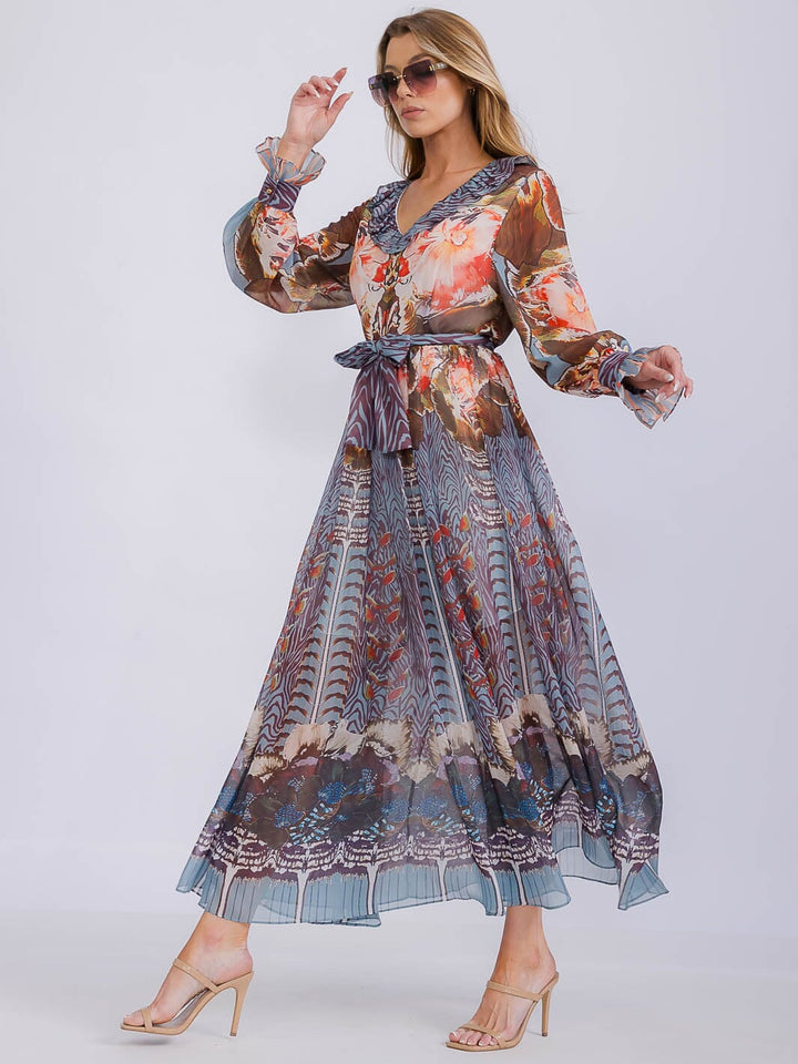 WOMEN'S LONG SLEEVE V-NECK RUFFLE MULTI PRINT MAXI DRESS