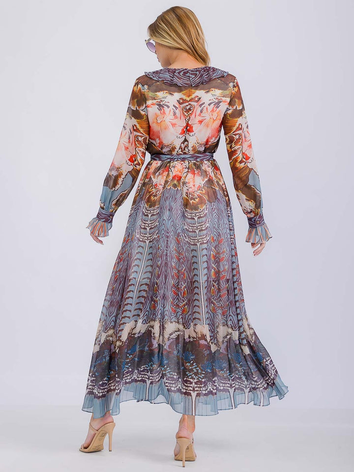 WOMEN'S LONG SLEEVE V-NECK RUFFLE MULTI PRINT MAXI DRESS