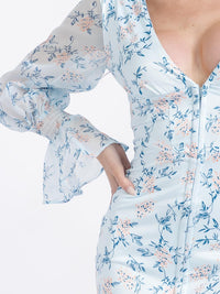 WOMEN'S LONG SLEEVES V-NECK BUTTON CLOSURE BODYCON FLORAL MINI DRESS