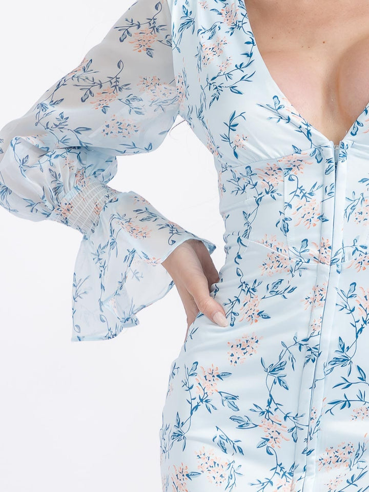 WOMEN'S LONG SLEEVES V-NECK BUTTON CLOSURE BODYCON FLORAL MINI DRESS