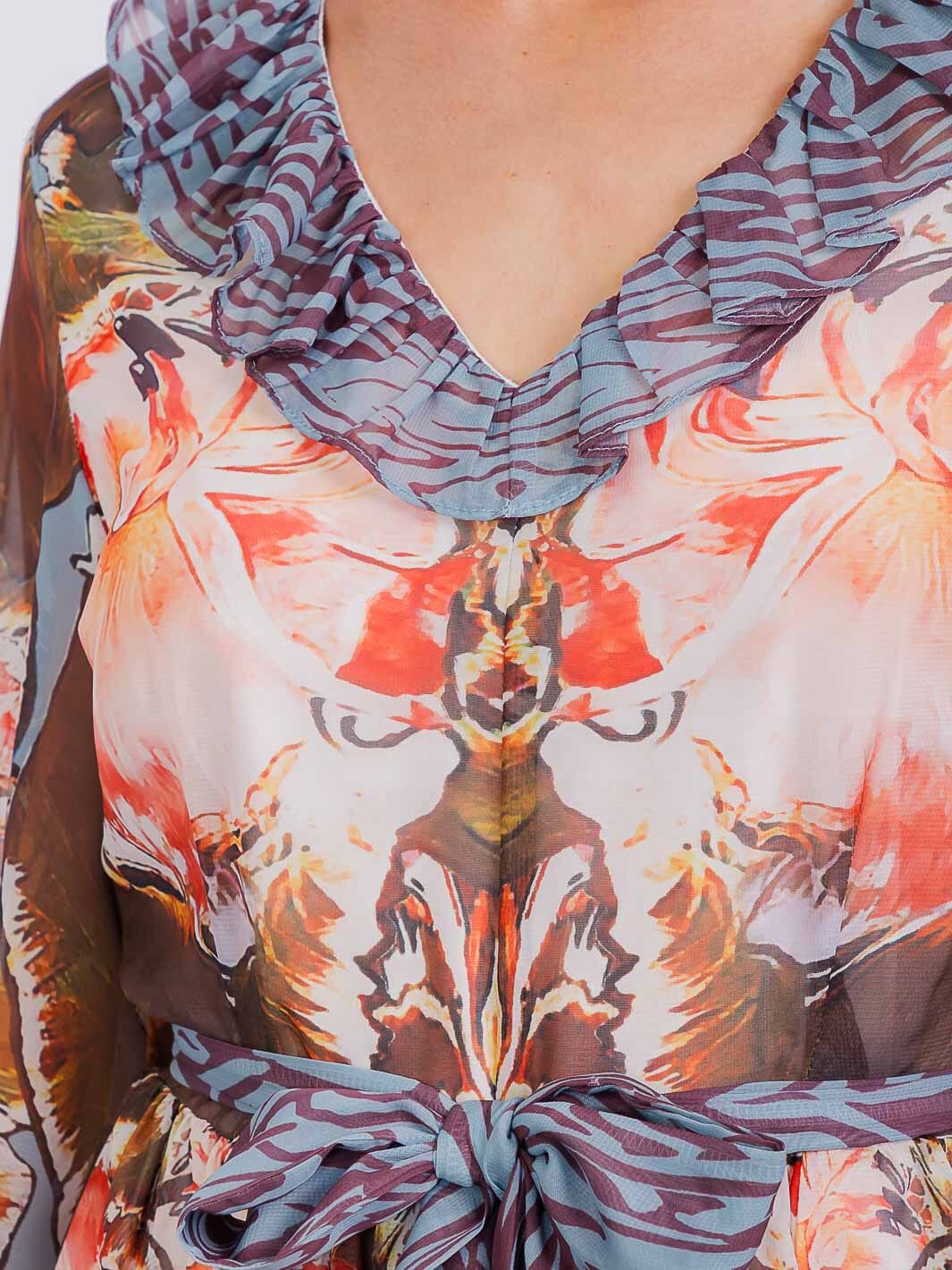 WOMEN'S LONG SLEEVE V-NECK RUFFLE MULTI PRINT MAXI DRESS