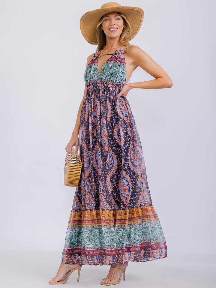 WOMEN'S SLEEVELESS V-NECK OPEN BACK ELASTIC WAIST MULTI PRINT MAXI DRESS