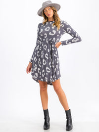 WOMEN'S LONG SLEEVE ELASTIC WAIST FRONT POCKETS ANIMAL PRINT MINI DRESS