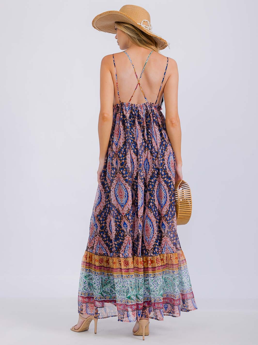 WOMEN'S SLEEVELESS V-NECK OPEN BACK ELASTIC WAIST MULTI PRINT MAXI DRESS