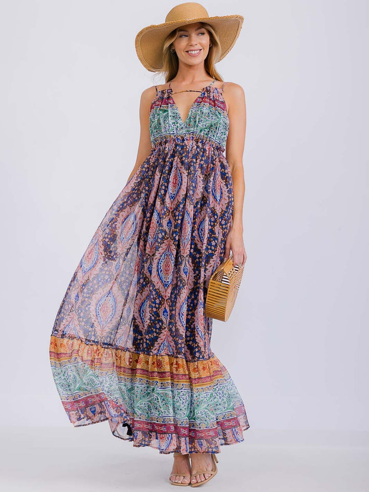 WOMEN'S SLEEVELESS V-NECK OPEN BACK ELASTIC WAIST MULTI PRINT MAXI DRESS