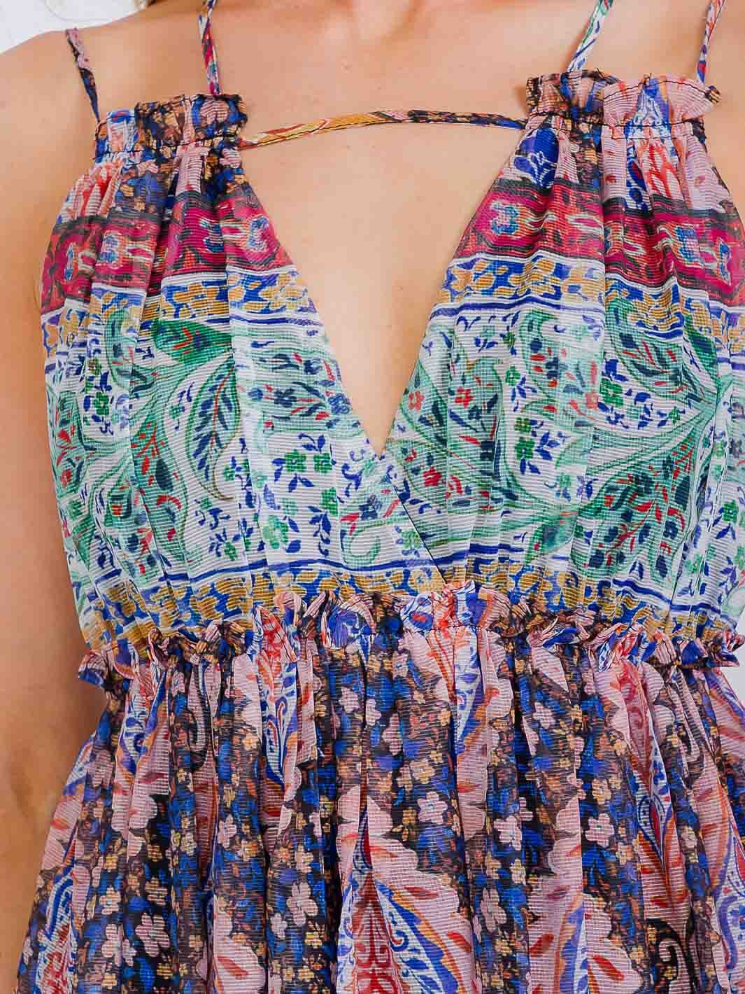 WOMEN'S SLEEVELESS V-NECK OPEN BACK ELASTIC WAIST MULTI PRINT MAXI DRESS