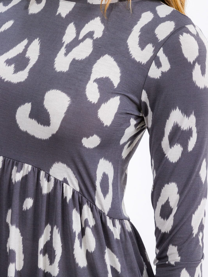 WOMEN'S LONG SLEEVE ELASTIC WAIST FRONT POCKETS ANIMAL PRINT MINI DRESS