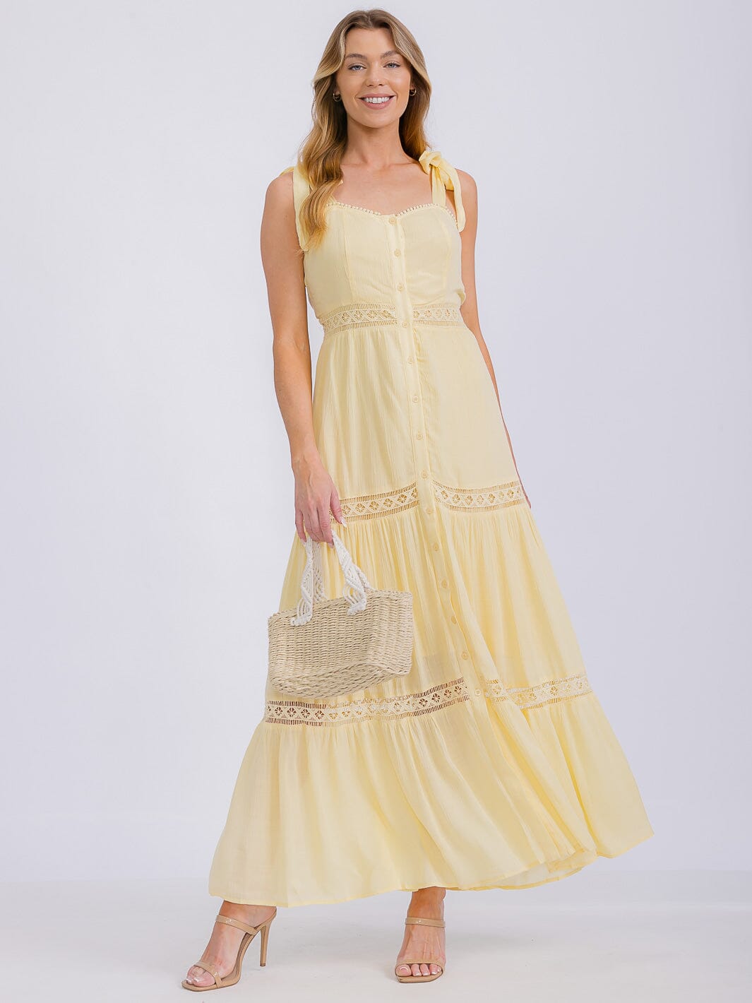 WOMEN'S SLEEVELESS V-NECK TIERED BUTTON UP MAXI DRESS
