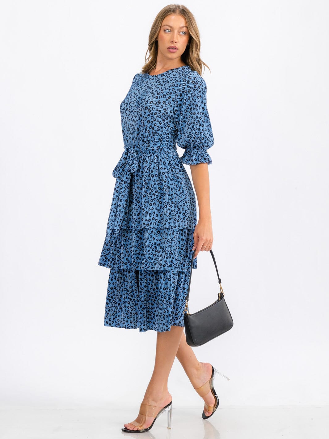 WOMEN'S SHORT SLEEVE SELF TIE TIERED ANIMAL PRINT MIDI DRESS