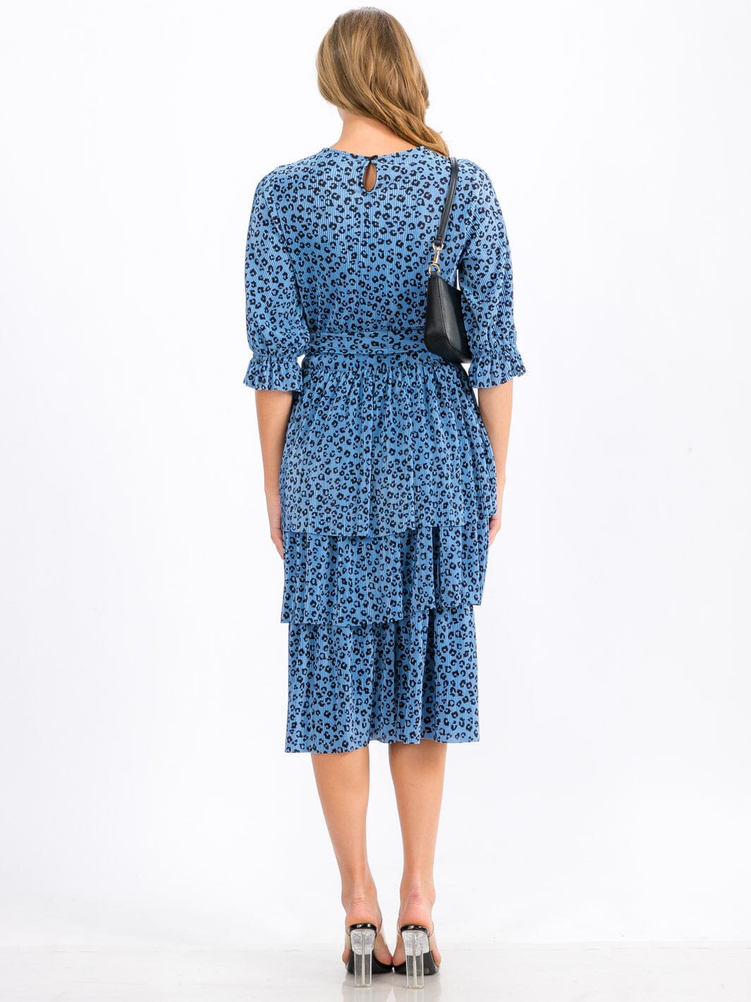 WOMEN'S SHORT SLEEVE SELF TIE TIERED ANIMAL PRINT MIDI DRESS