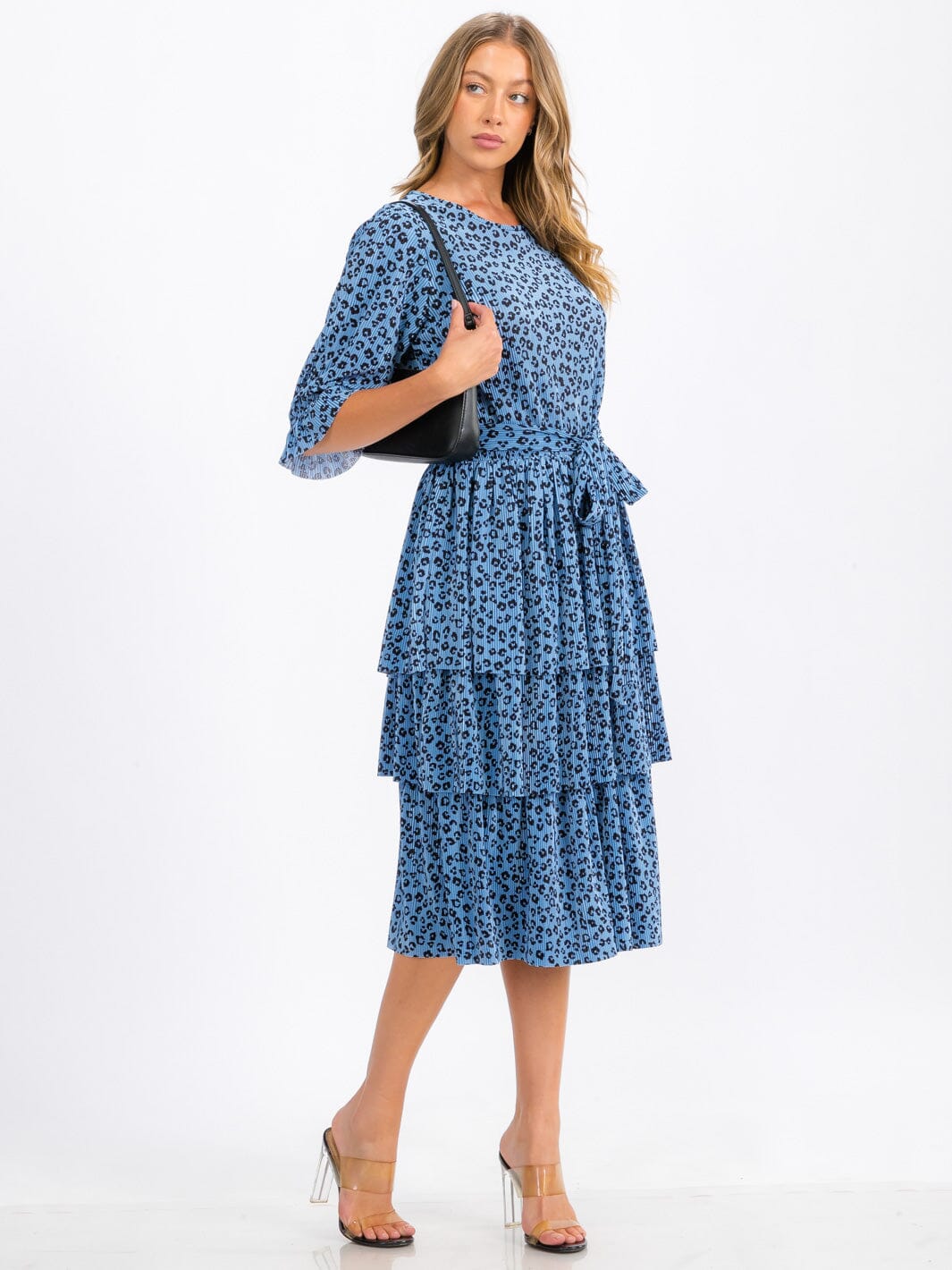 WOMEN'S SHORT SLEEVE SELF TIE TIERED ANIMAL PRINT MIDI DRESS