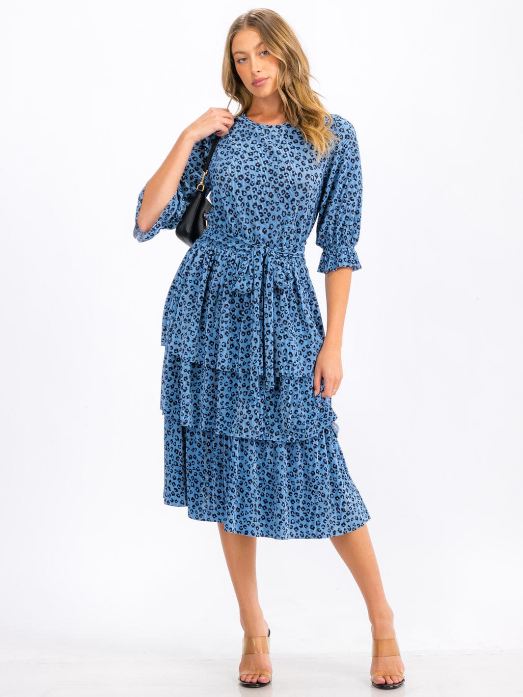 WOMEN'S SHORT SLEEVE SELF TIE TIERED ANIMAL PRINT MIDI DRESS