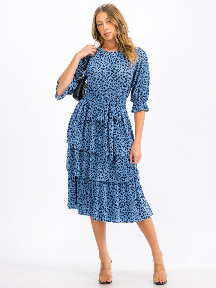 WOMEN'S SHORT SLEEVE SELF TIE TIERED ANIMAL PRINT MIDI DRESS