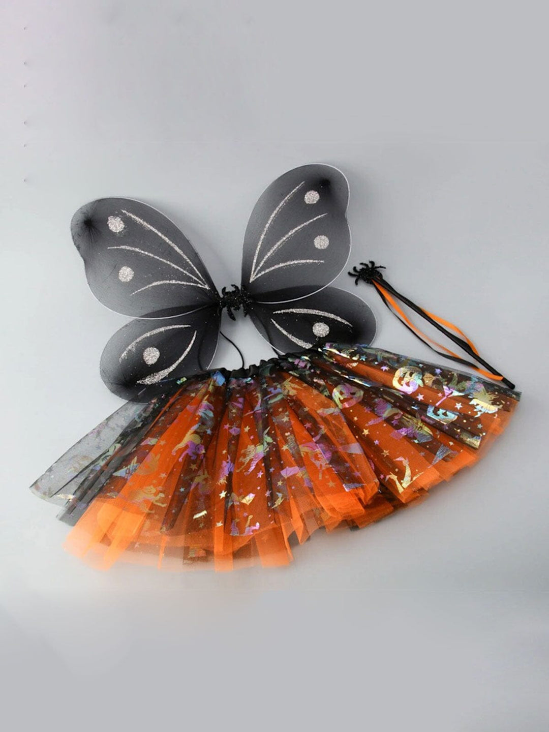 HALLOWEEN 3PC COSTUME SET WITH WINGS SACH AND TUTU PUMPKIN PRINT