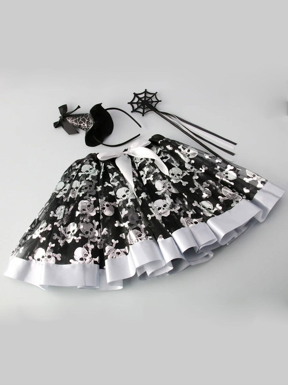 HALLOWEEN 3PC COSTUME SET WITH HEADBAND SACH AND TUTU SKULL PRINT