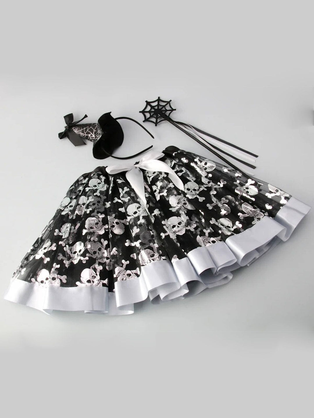 HALLOWEEN 3PC COSTUME SET WITH HEADBAND SACH AND TUTU SKULL PRINT
