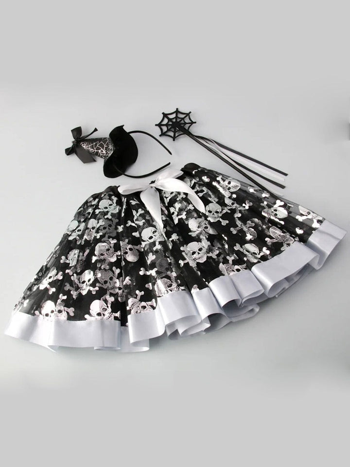 HALLOWEEN 3PC COSTUME SET WITH HEADBAND SACH AND TUTU SKULL PRINT