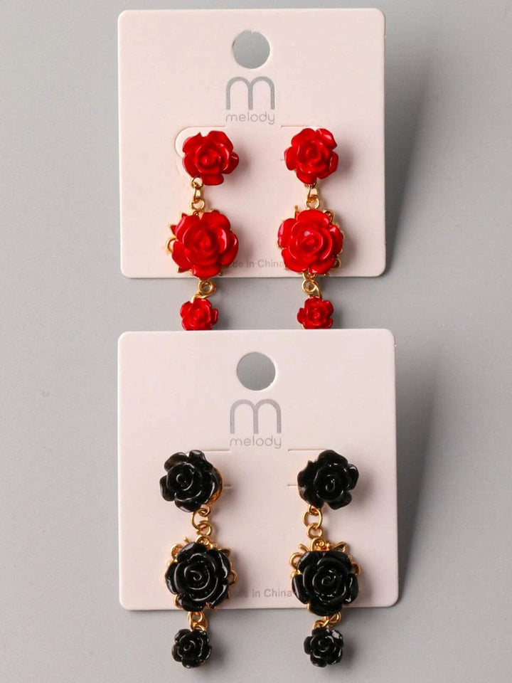FASHION BLACK & RED ROSES HANGING EARRINGS