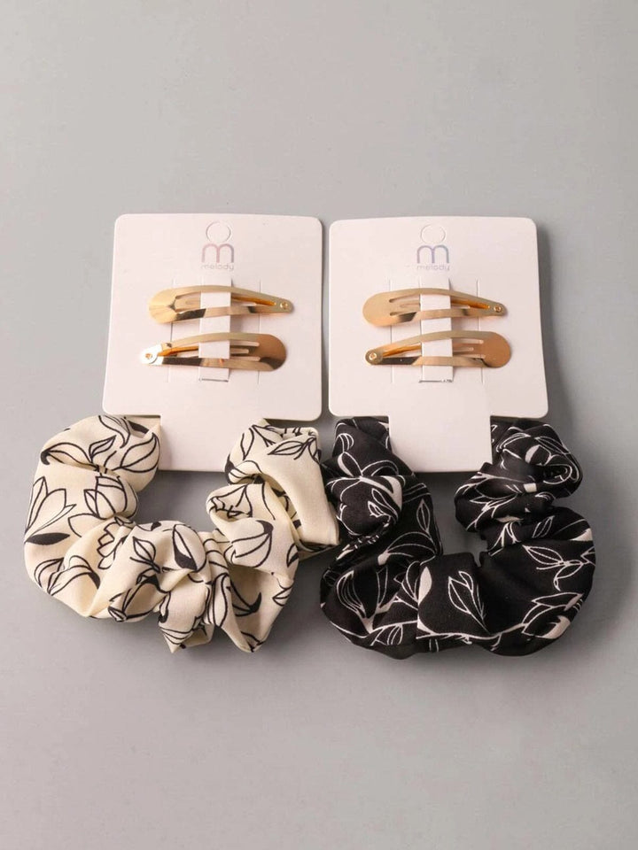 FASHION ASSORTED LEAF PRINT SCRUNCHIES & HAIR CLIPS SET