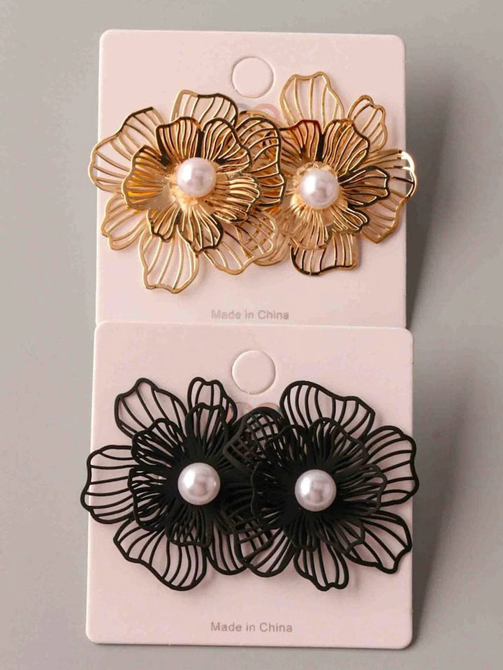 FASHION GOLD & BLACK PEARL FLOWER EARRINGS