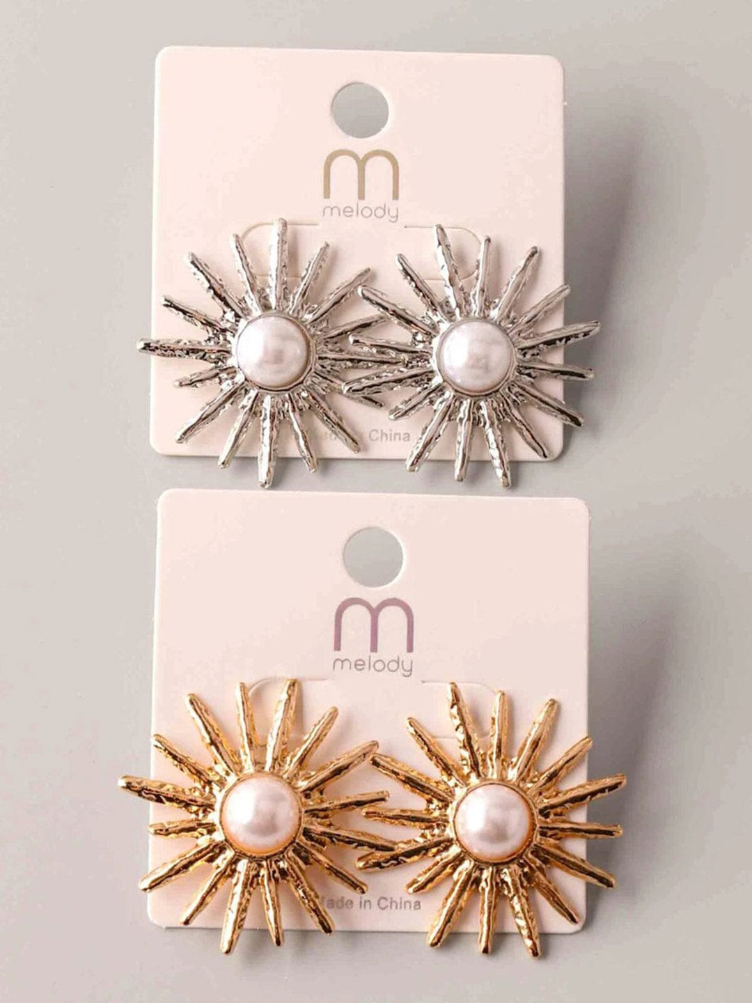 FASHION GOLD & SILVER PEARL SUN EARRINGS