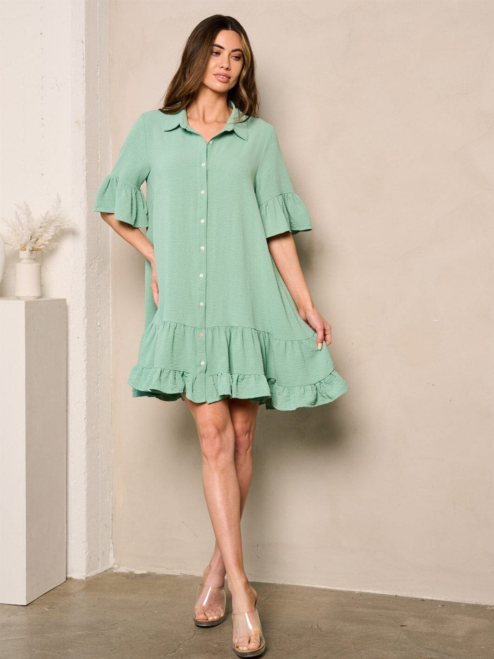 Copy of WOMEN'S LONG SLEEVE RUFFLE BUTTON UP MINI DRESS