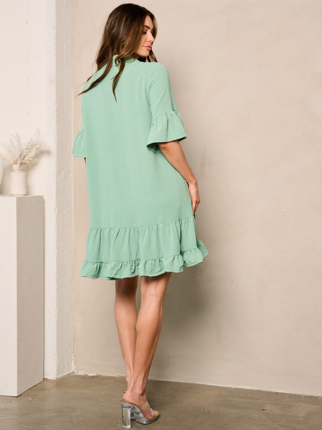 Copy of WOMEN'S LONG SLEEVE RUFFLE BUTTON UP MINI DRESS