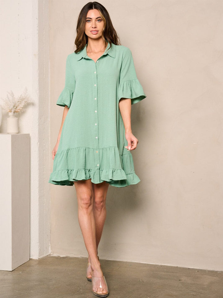 Copy of WOMEN'S LONG SLEEVE RUFFLE BUTTON UP MINI DRESS