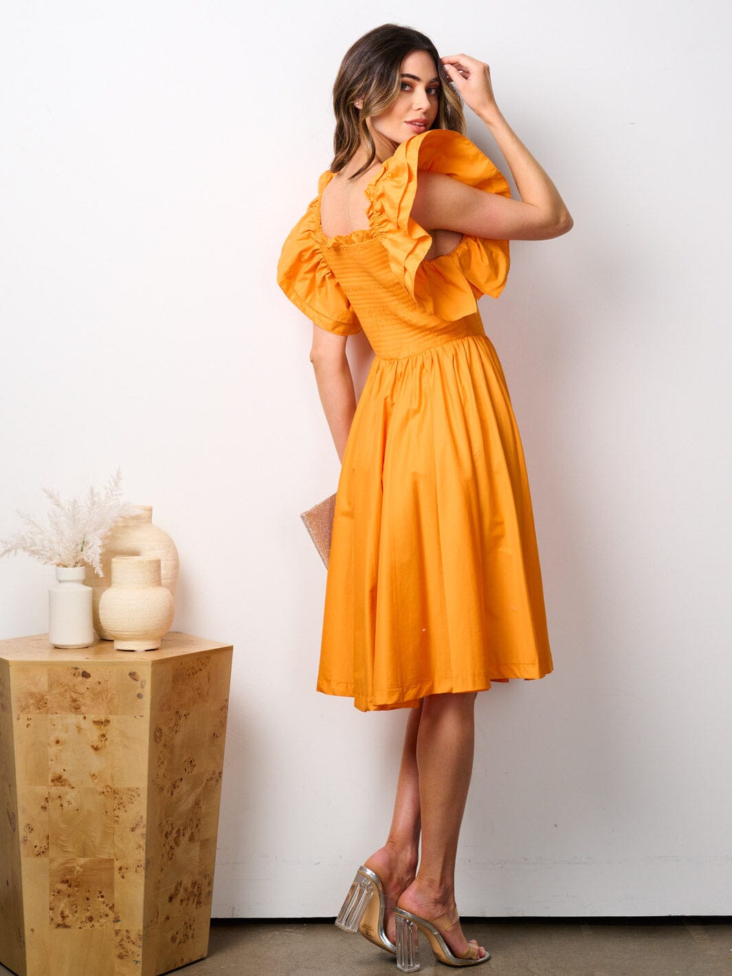 WOMEN'S SHORT RUFFLE SLEEVE SMOCK FIT & FLARE MIDI DRESS