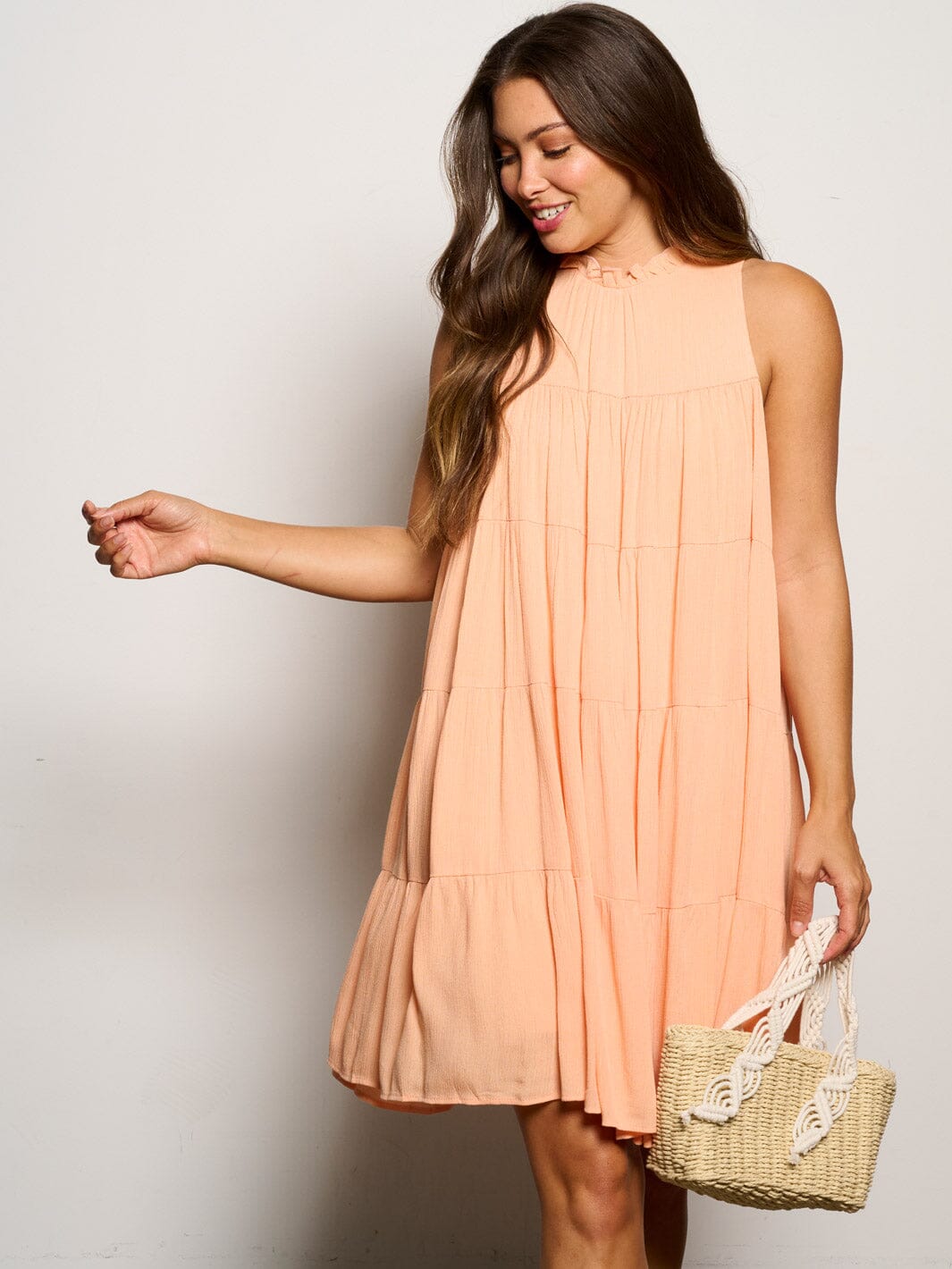WOMEN'S SLEEVELESS MOCK NECK RUFFLE TIERED MINI DRESS