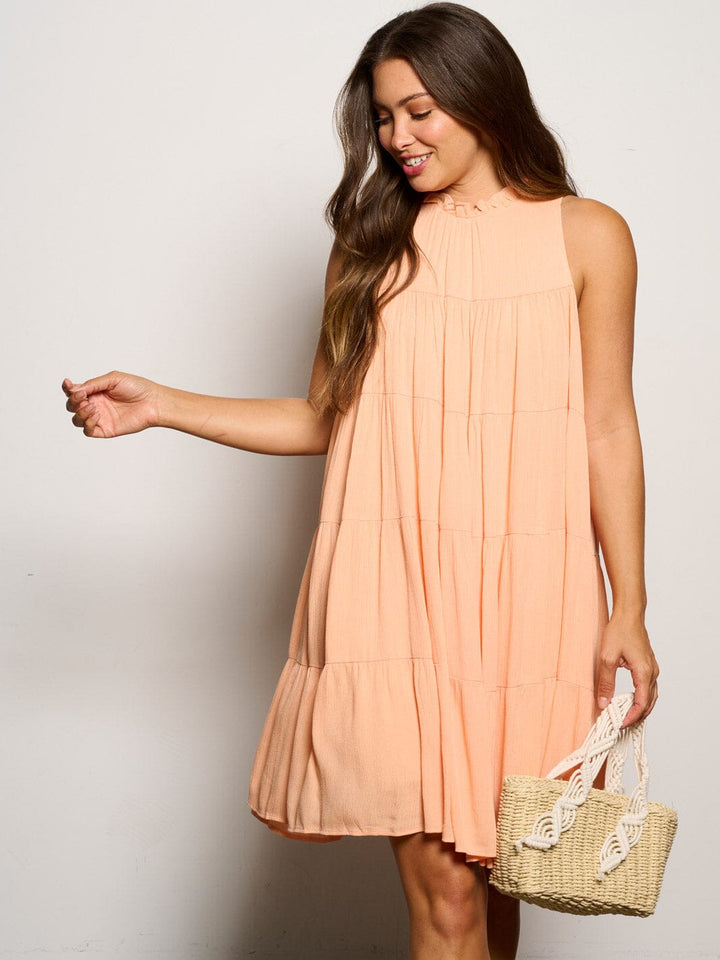 WOMEN'S SLEEVELESS MOCK NECK RUFFLE TIERED MINI DRESS