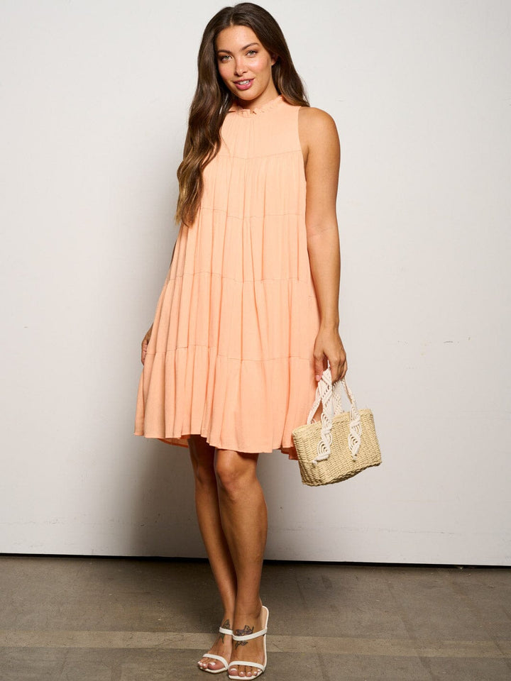 WOMEN'S SLEEVELESS MOCK NECK RUFFLE TIERED MINI DRESS