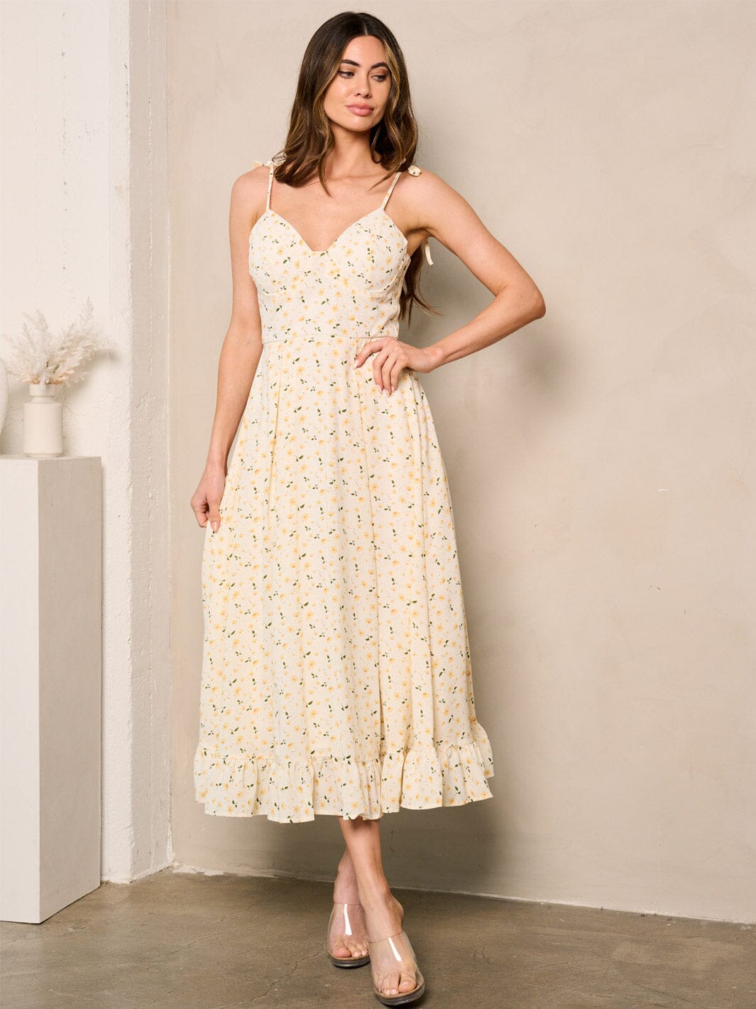 WOMEN'S SLEEVELESS V-NECK RUFFLE FLORAL MIDI DRESS