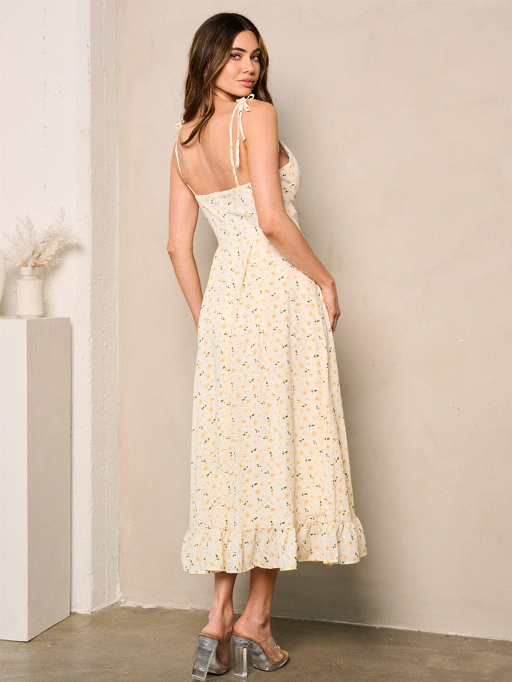 WOMEN'S SLEEVELESS V-NECK RUFFLE FLORAL MIDI DRESS