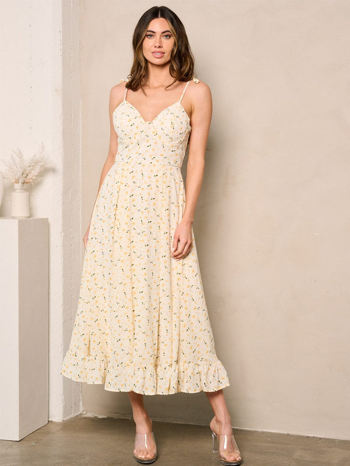 WOMEN'S SLEEVELESS V-NECK RUFFLE FLORAL MIDI DRESS