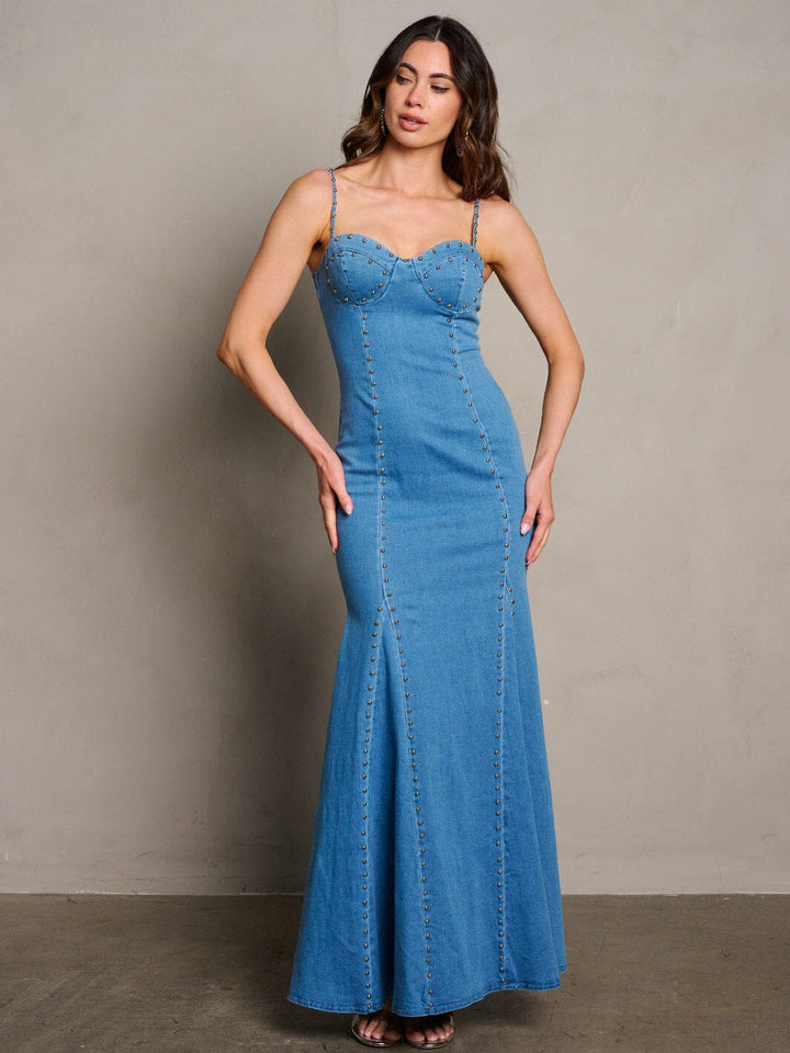 WOMEN'S SLEEVELESS BODYCON STUDS DETAILES DENIM MAXI DRESS