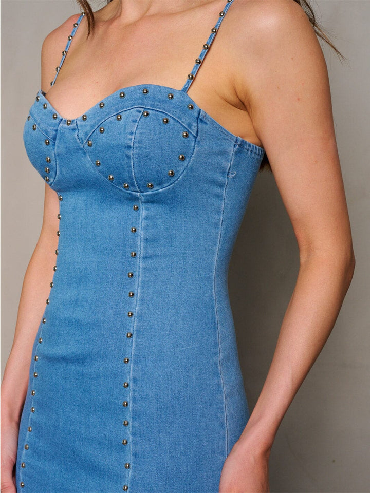 WOMEN'S SLEEVELESS BODYCON STUDS DETAILES DENIM MAXI DRESS