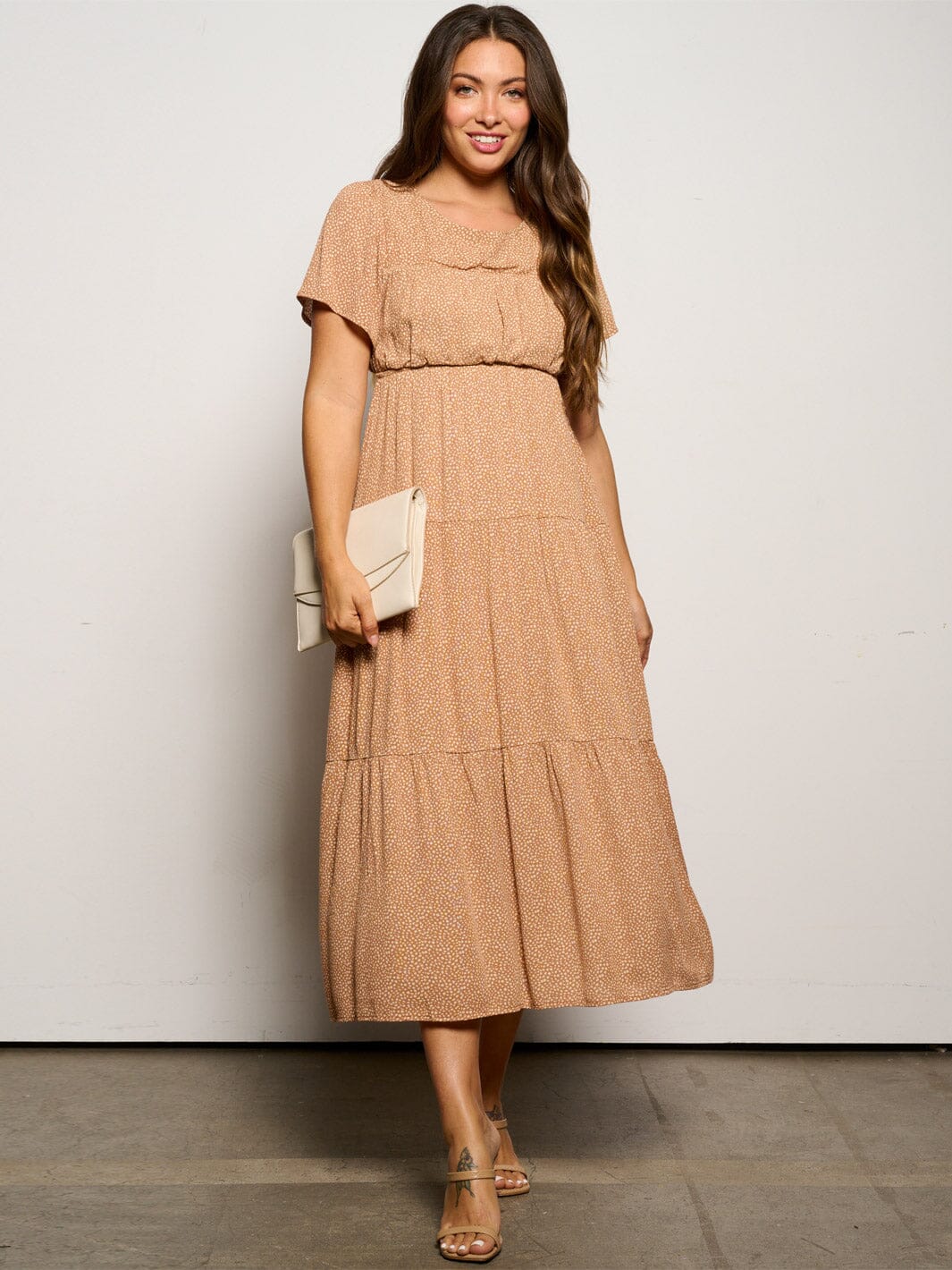 WOMEN'S SHORT SLEEVE ELASTIC WAIST TIERED FLORAL MIDI DRESS