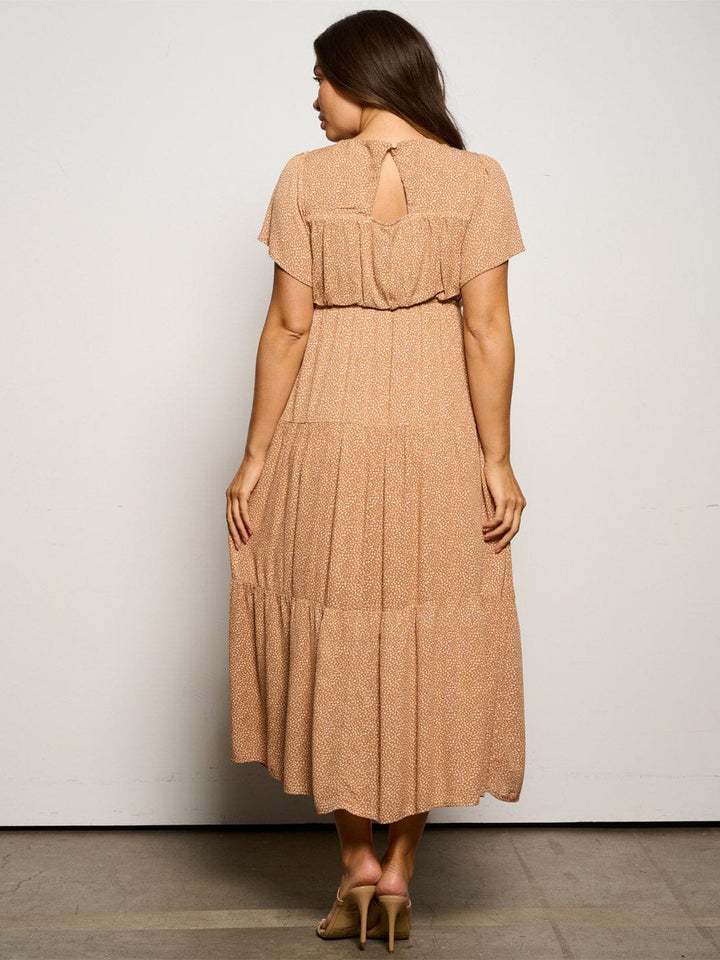 WOMEN'S SHORT SLEEVE ELASTIC WAIST TIERED FLORAL MIDI DRESS