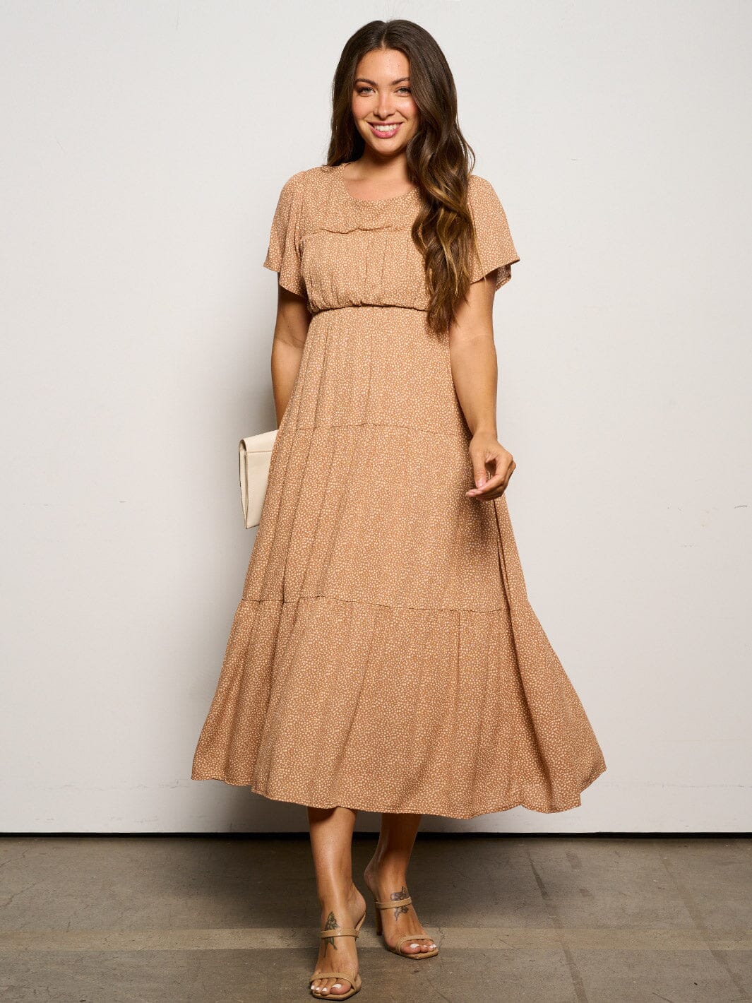 WOMEN'S SHORT SLEEVE ELASTIC WAIST TIERED FLORAL MIDI DRESS