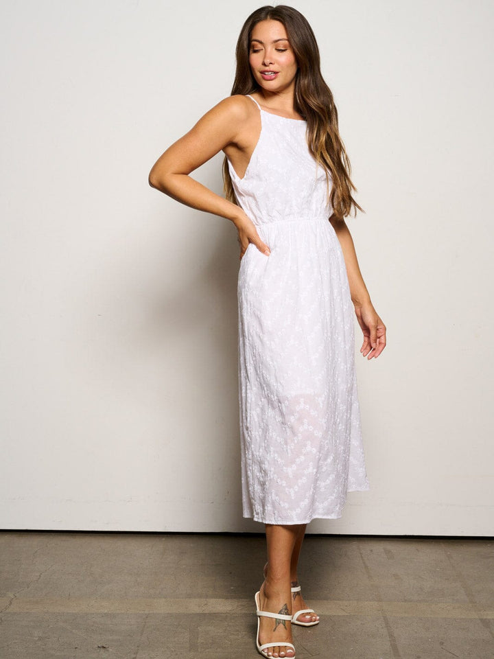 WOMEN'S SLEEVELESS ELASTIC WAIST EMBROIDERY FLORAL MIDI DRESS