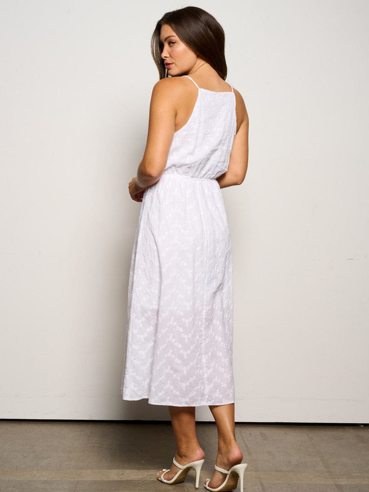 WOMEN'S SLEEVELESS ELASTIC WAIST EMBROIDERY FLORAL MIDI DRESS