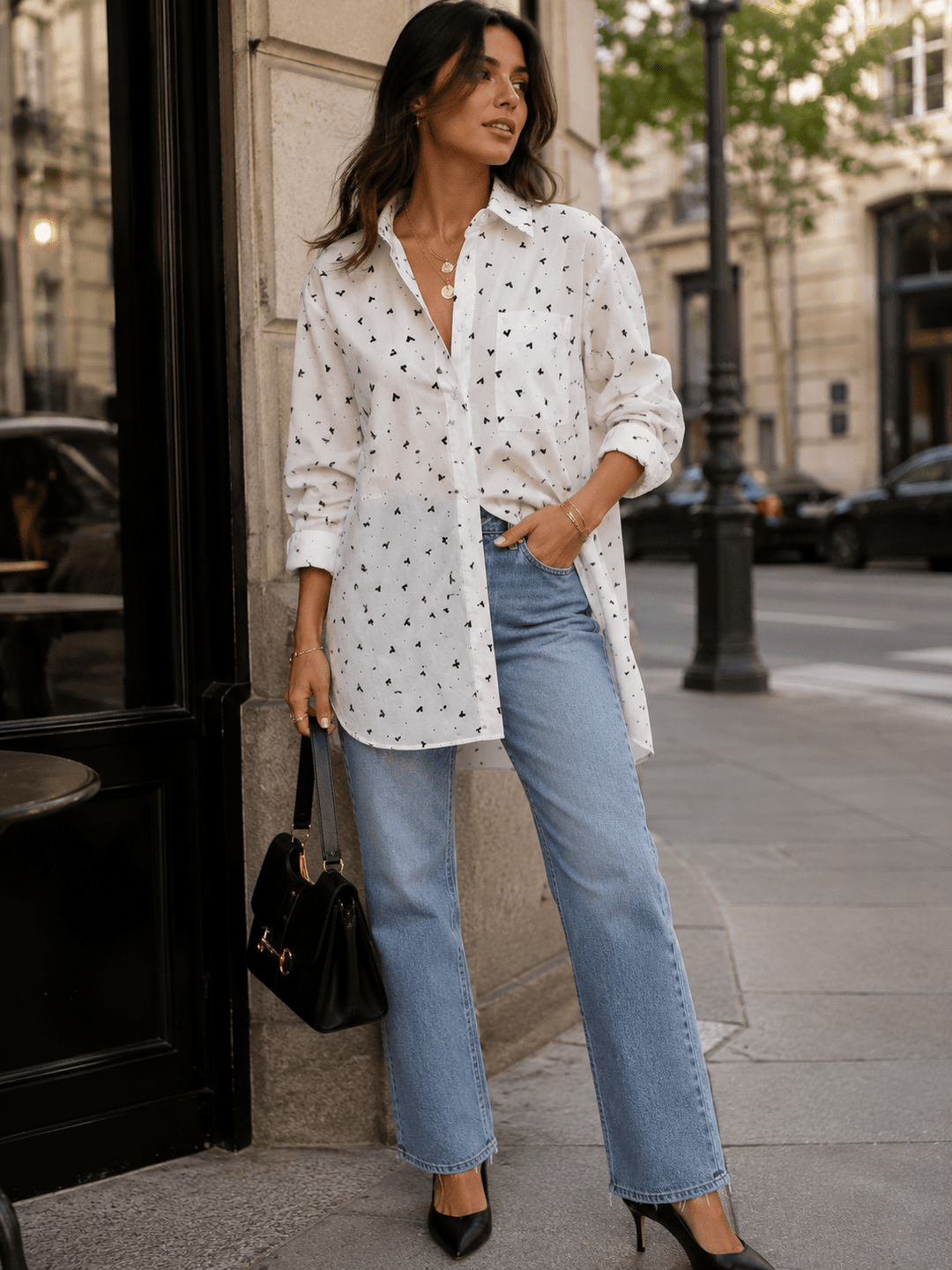 WOMEN'S LONG SLEEVE BUTTON UP FRONT POCKETS PRINT HIGH-LOW TOP