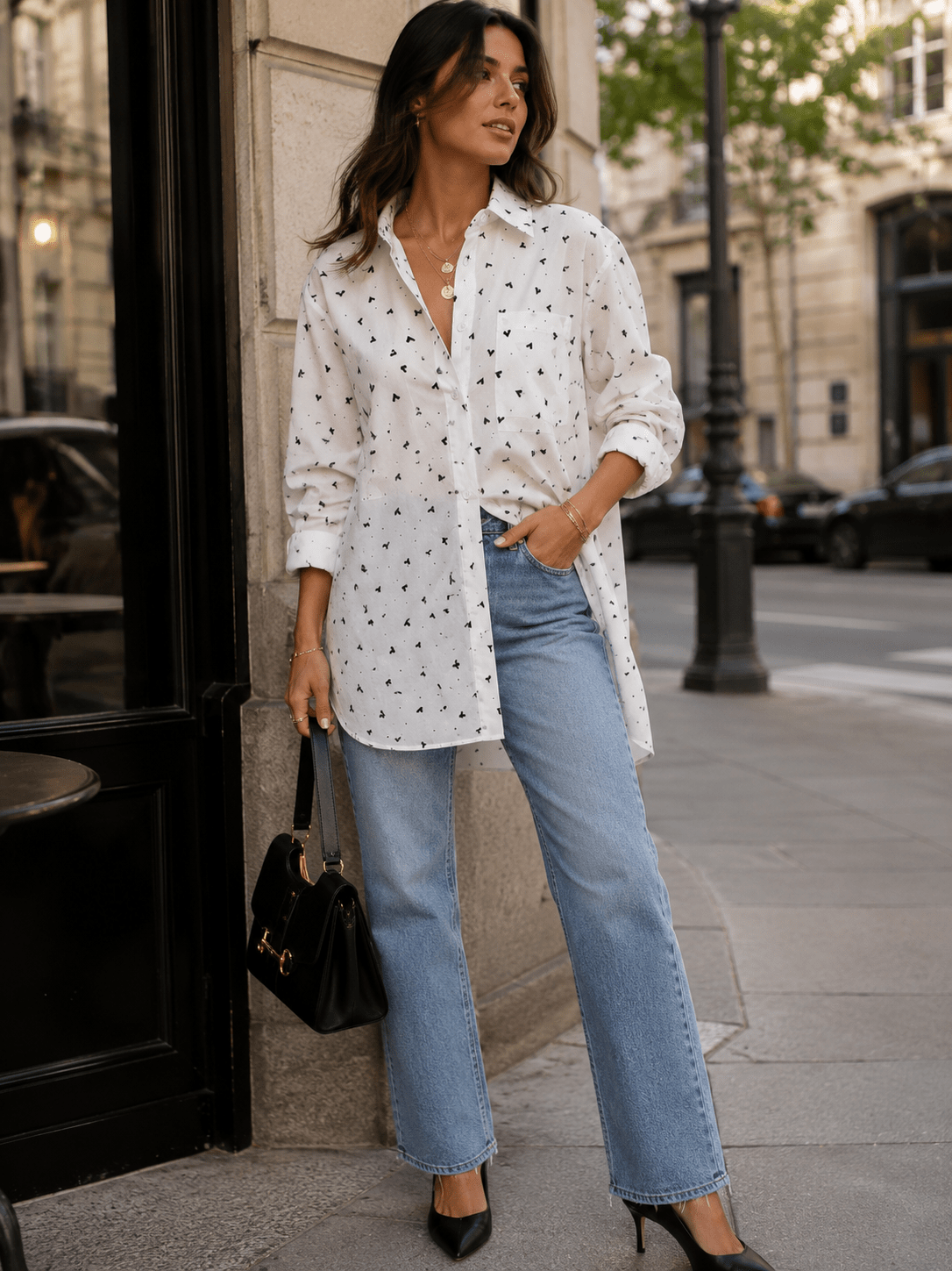 WOMEN'S LONG SLEEVE BUTTON UP FRONT POCKETS PRINT HIGH-LOW TOP