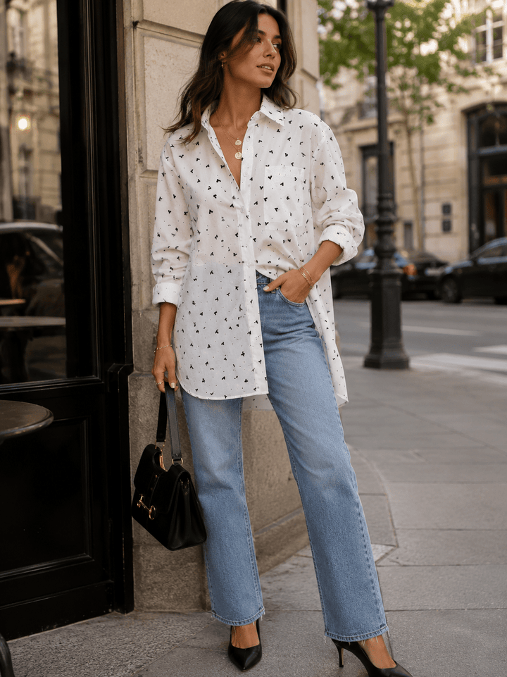 WOMEN'S LONG SLEEVE BUTTON UP FRONT POCKETS PRINT HIGH-LOW TOP