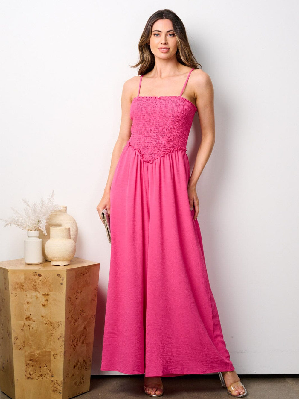 WOMEN'S SLEEVELESS SMOCK WIDE LEG JUMPSUIT