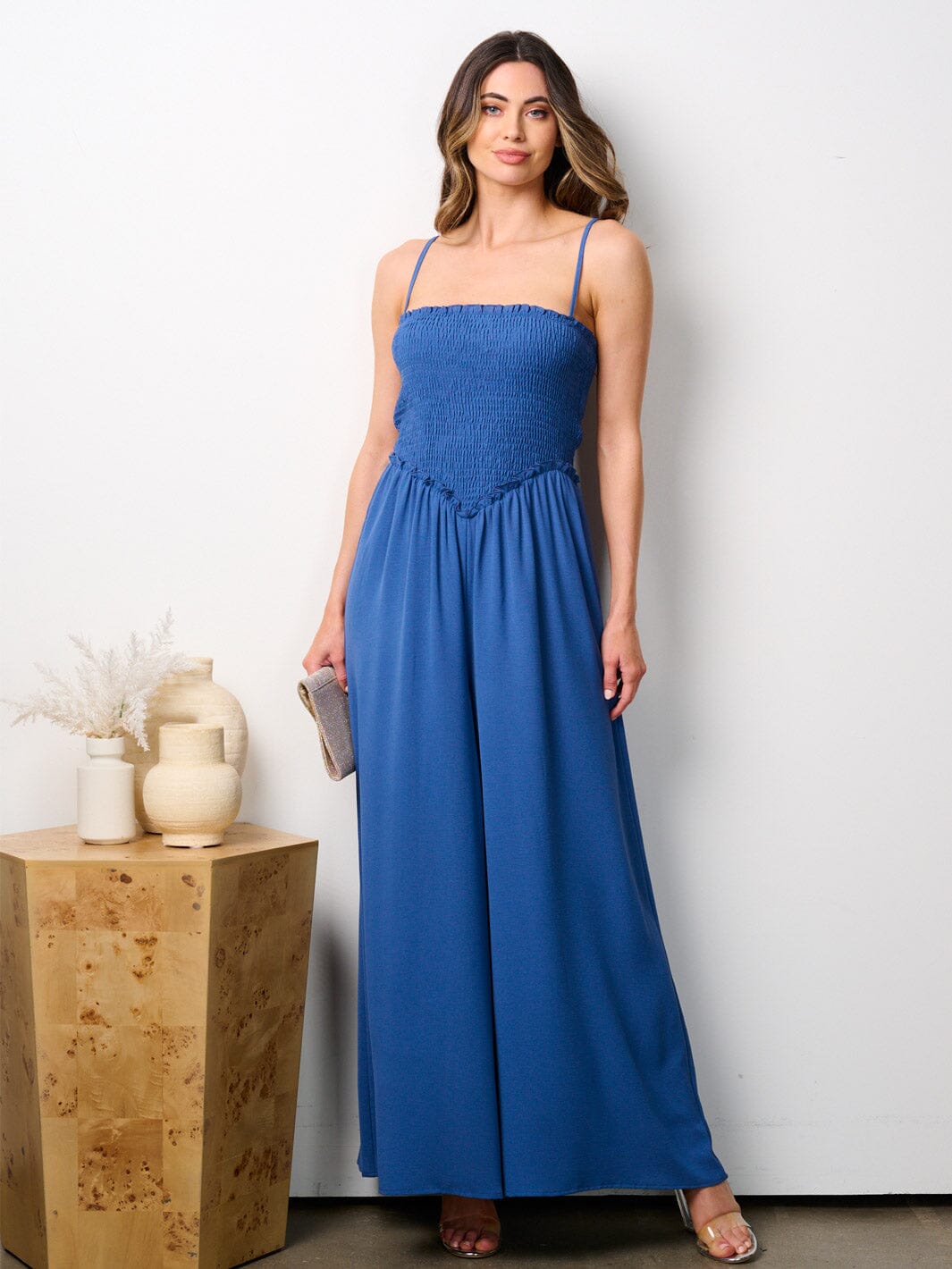 WOMEN'S SLEEVELESS SMOCK WIDE LEG JUMPSUIT