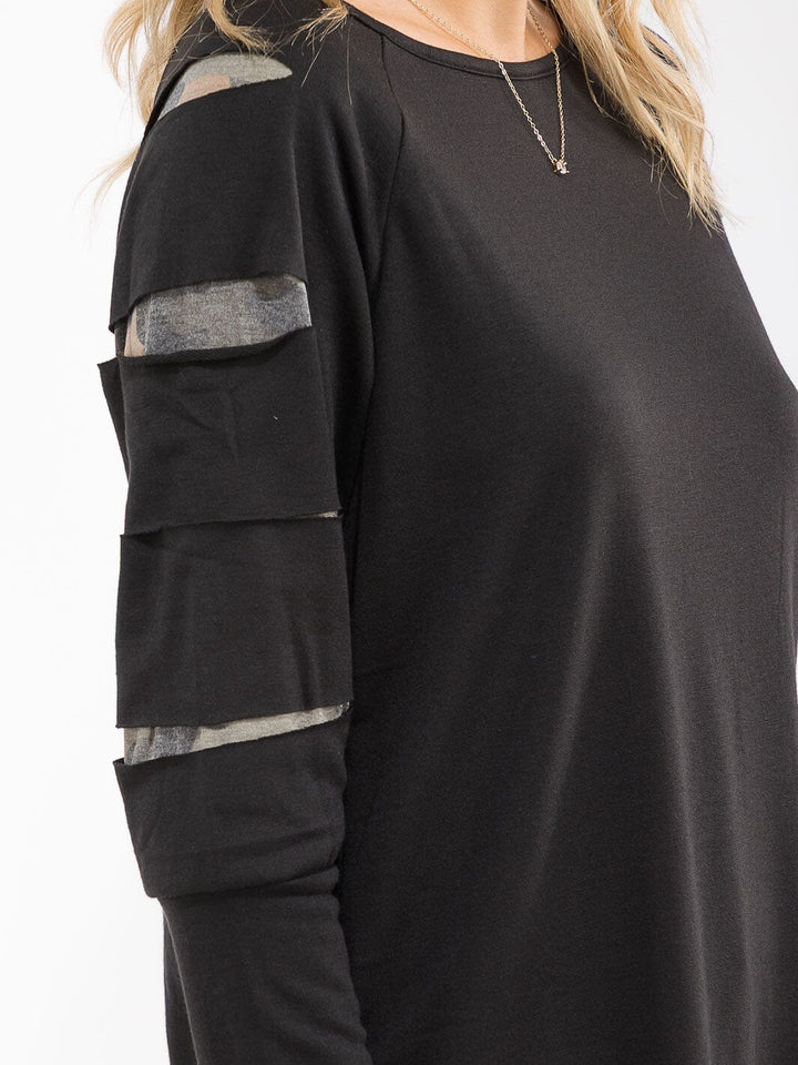 WOMEN'S LONG SLEEVE CAMO PRINT DETAILED LOOSE FIT TOP